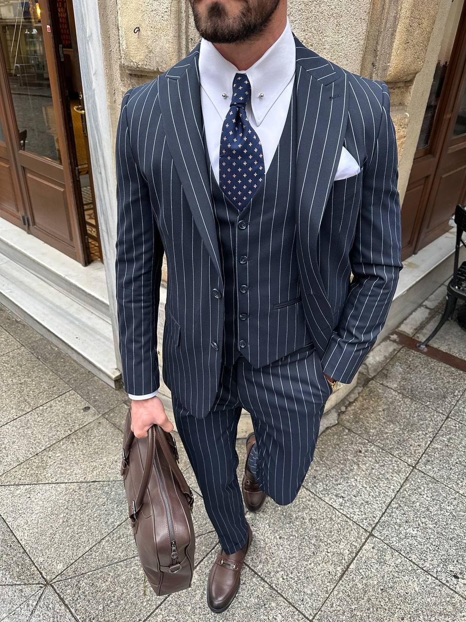 Navy Striped Slim-Fit Suit 3-Piece