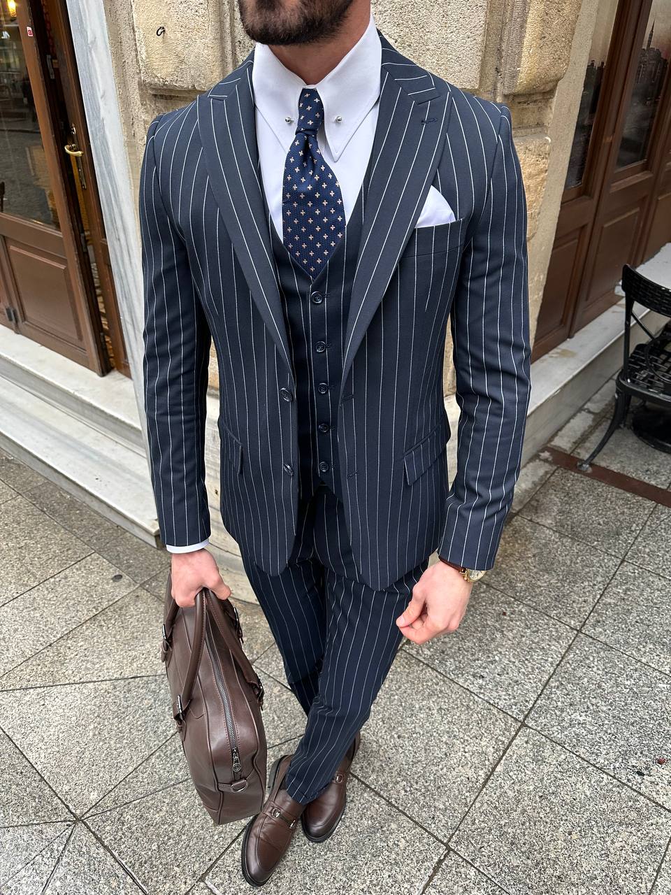 Navy Striped Slim-Fit Suit 3-Piece