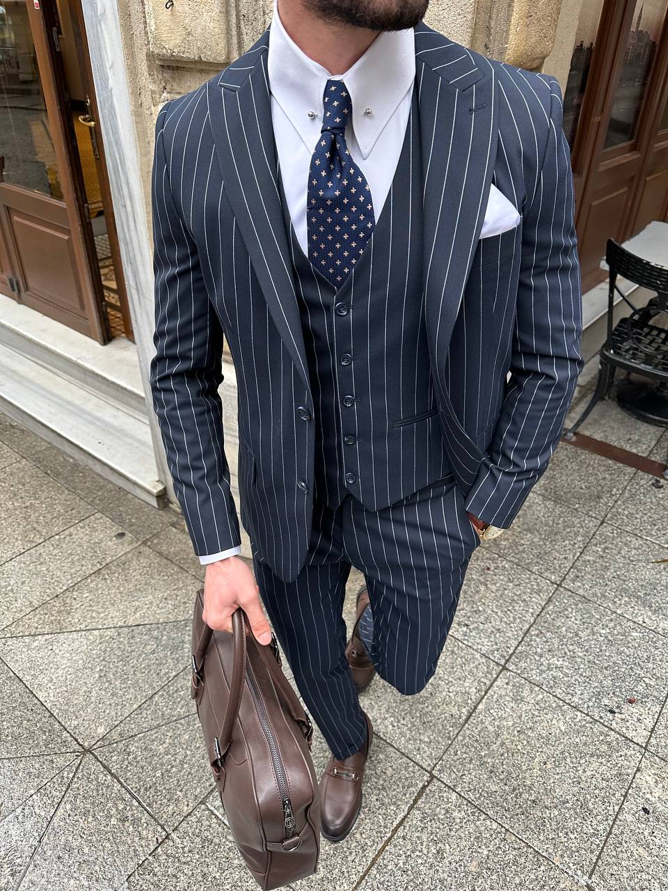 Navy Striped Slim-Fit Suit 3-Piece