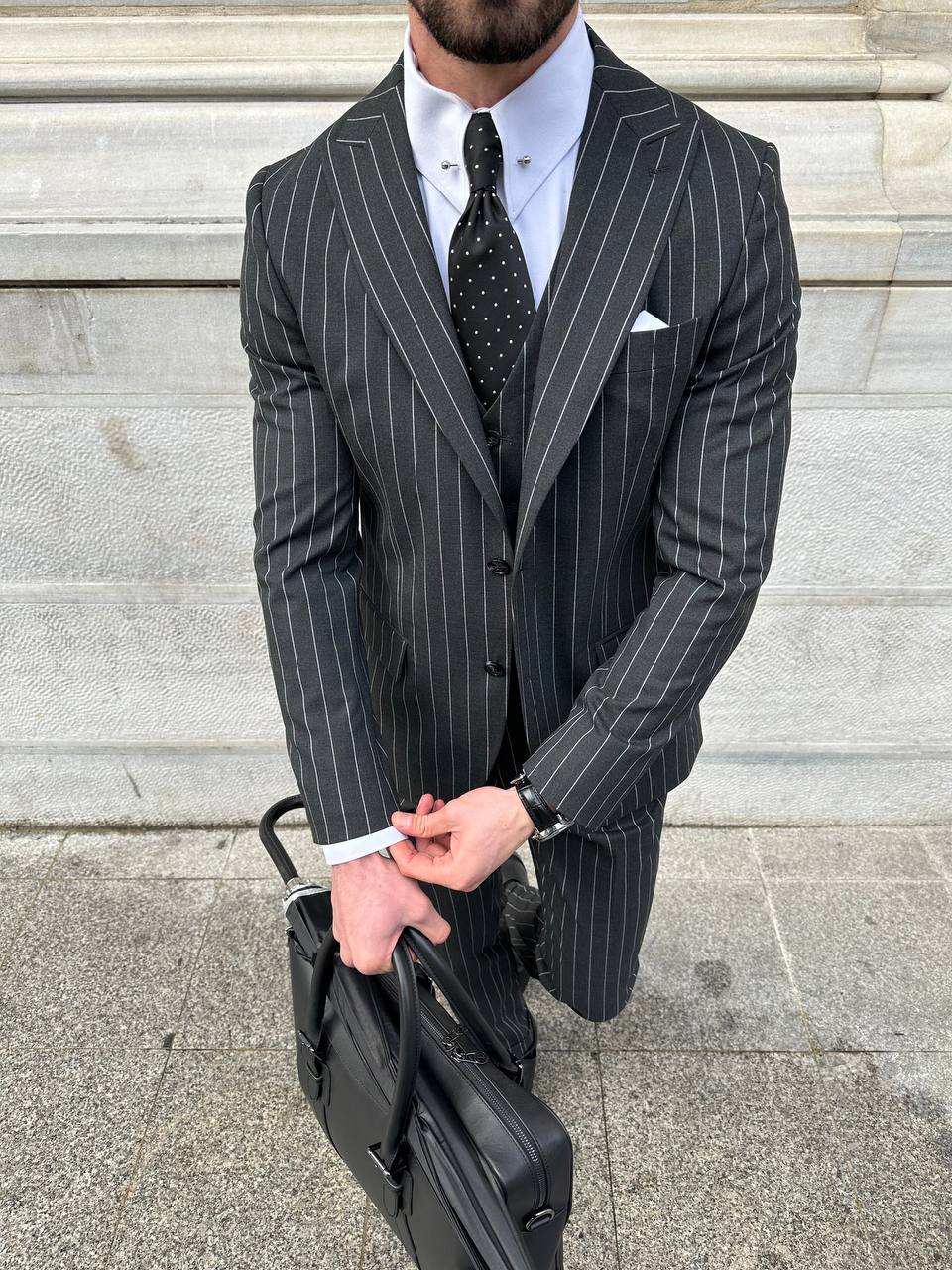 Black Striped Slim-Fit Suit 3-Piece