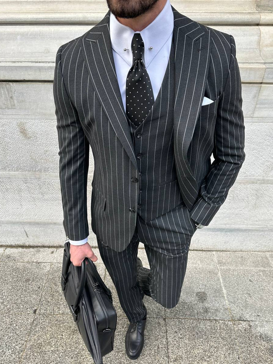 Black Striped Slim-Fit Suit 3-Piece
