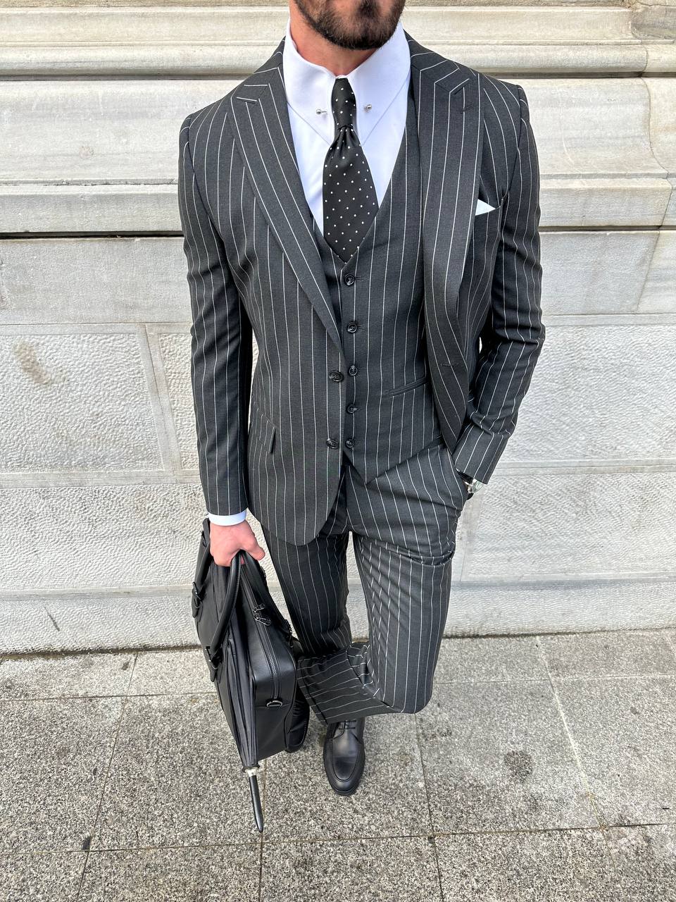 Black Striped Slim-Fit Suit 3-Piece