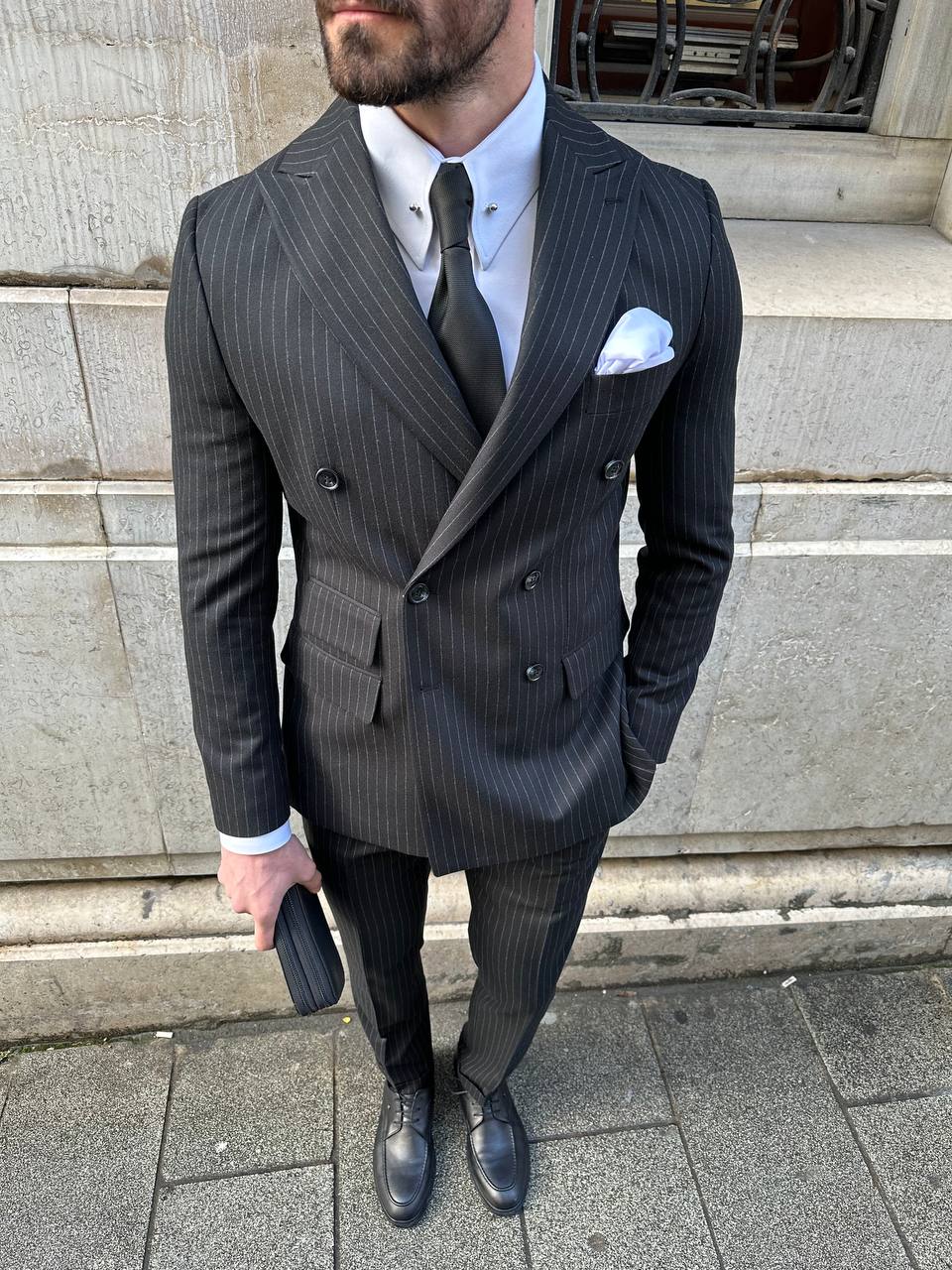 Black Striped Double Breasted Suit 2-Piece