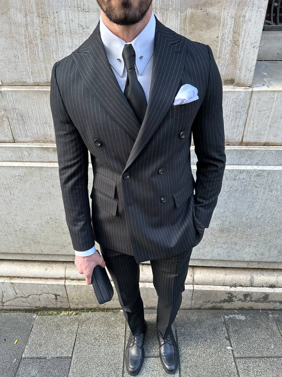 Black Striped Double Breasted Suit 2-Piece