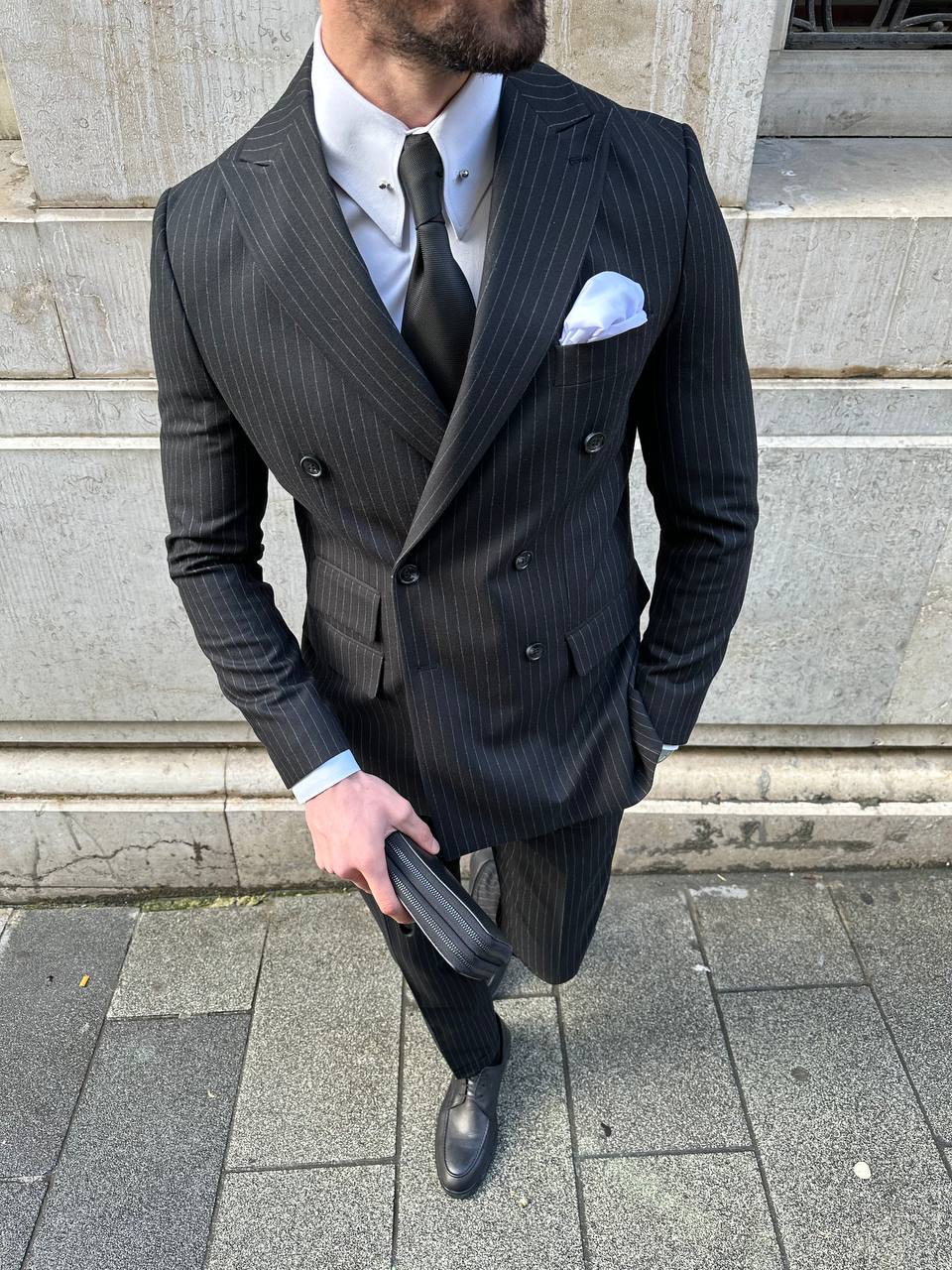 Black Striped Double Breasted Suit 2-Piece