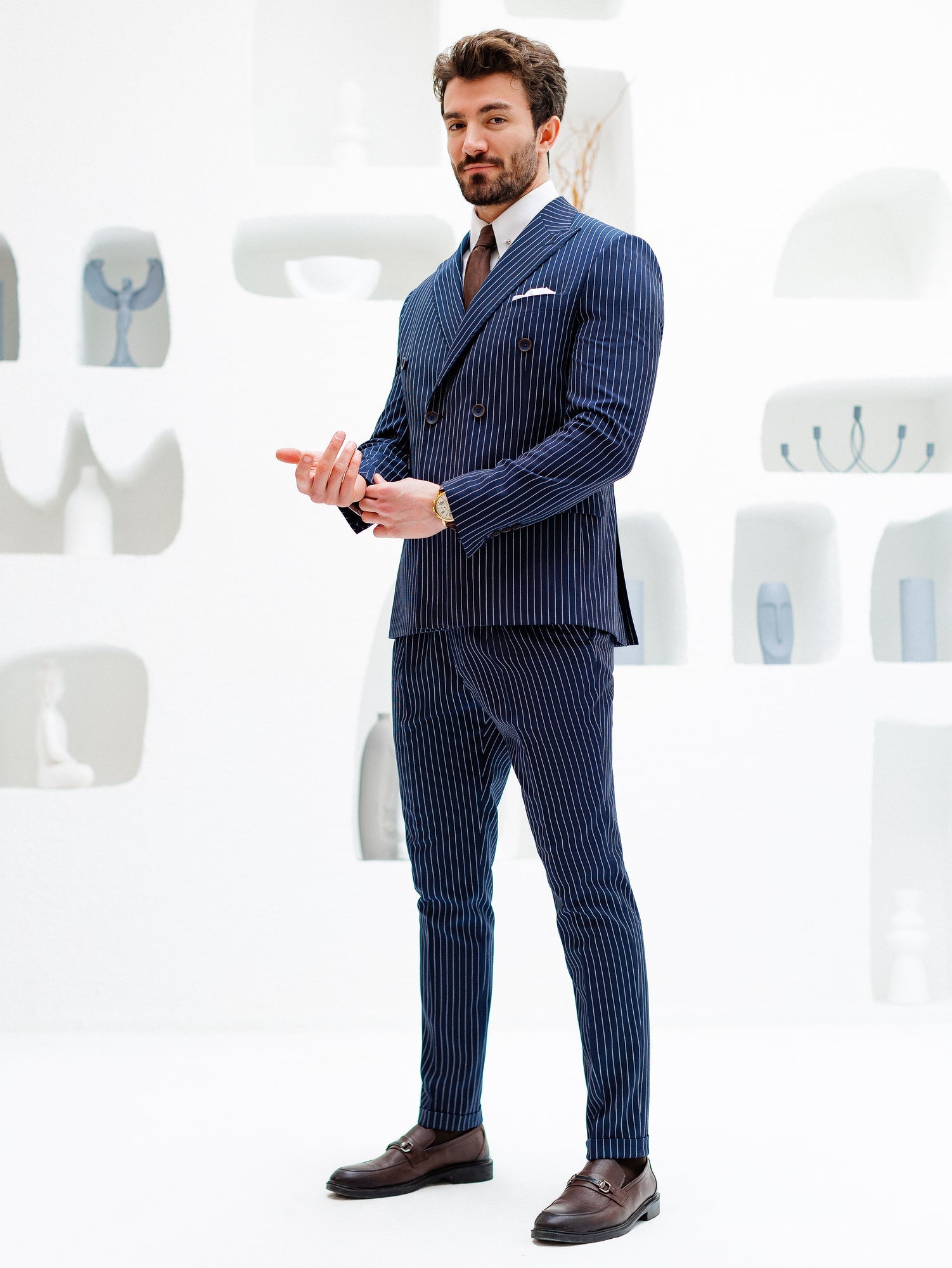 Navy Striped Double Breasted Suit 2-Piece