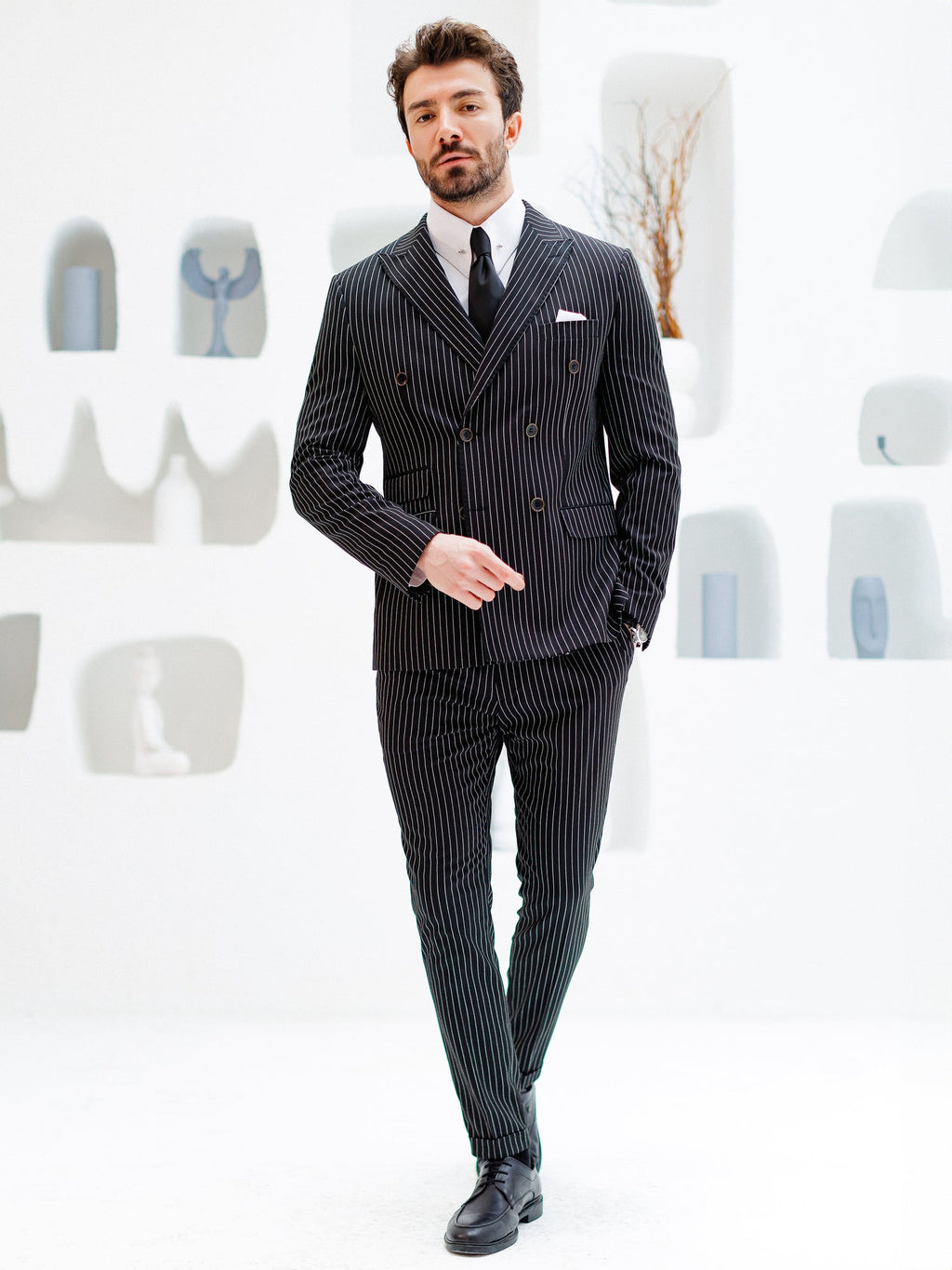 Black Striped Double Breasted Suit 2-Piece