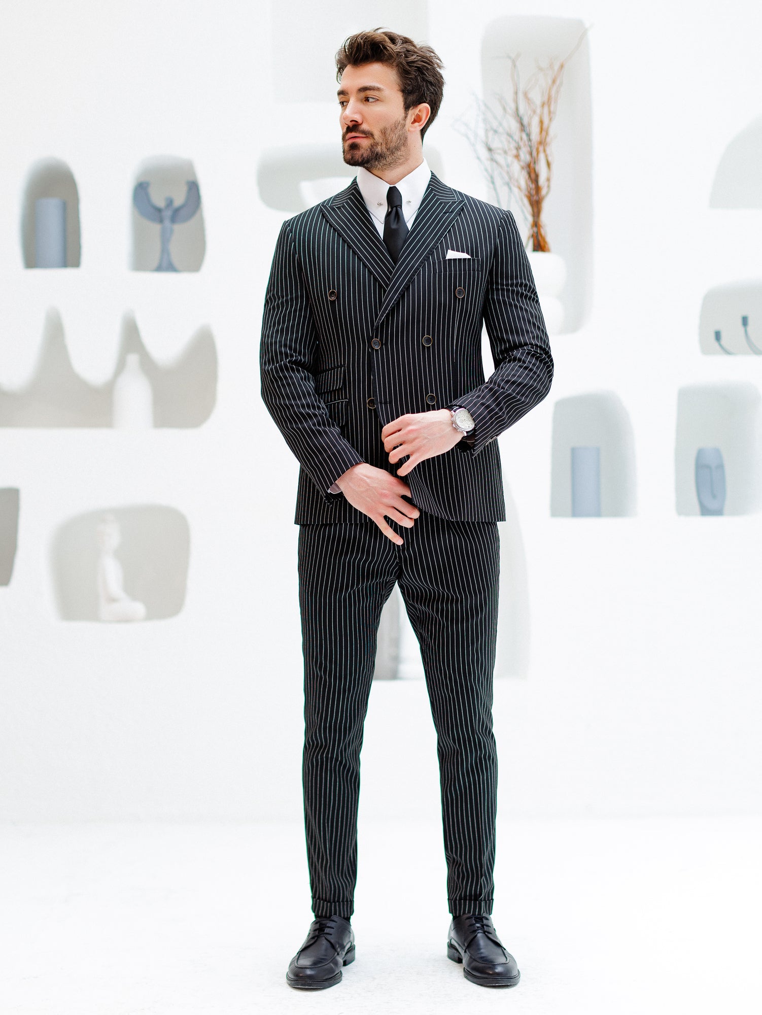 Black Striped Double Breasted Suit 2-Piece