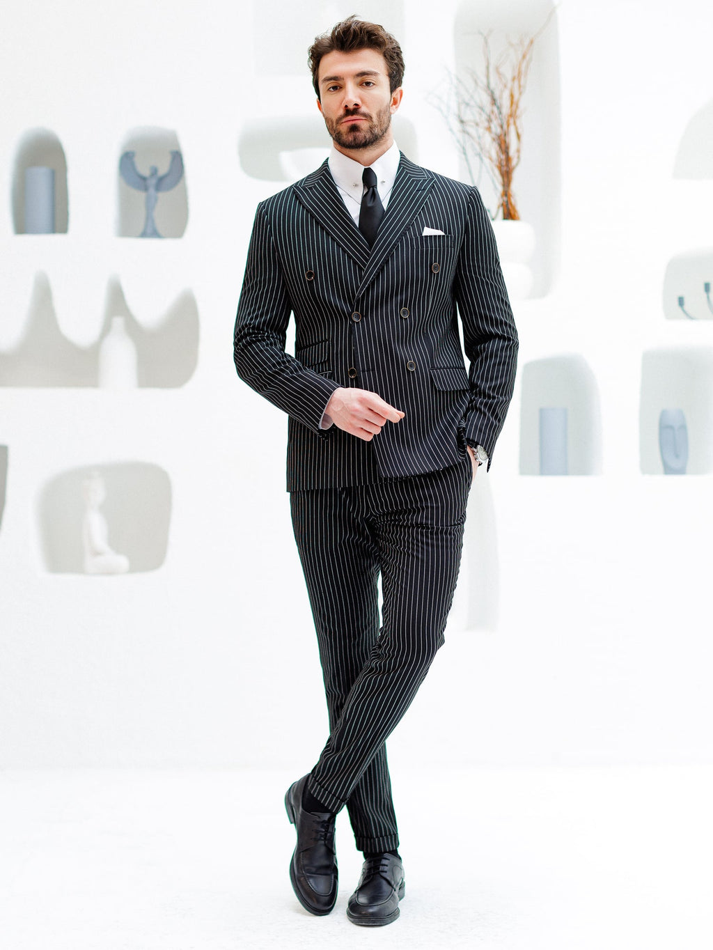 Black Striped Double Breasted Suit 2-Piece