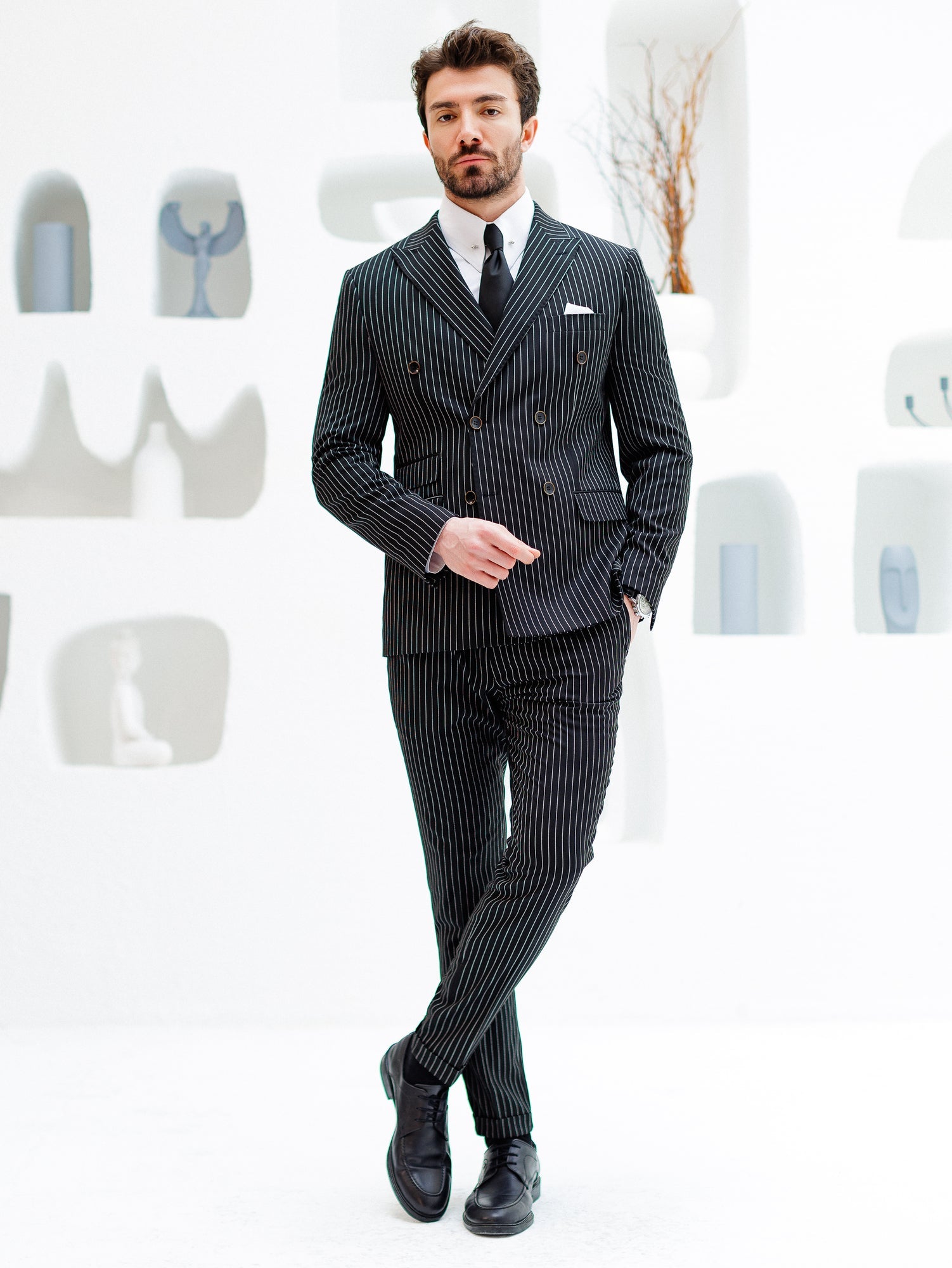 Black Striped Double Breasted Suit 2-Piece