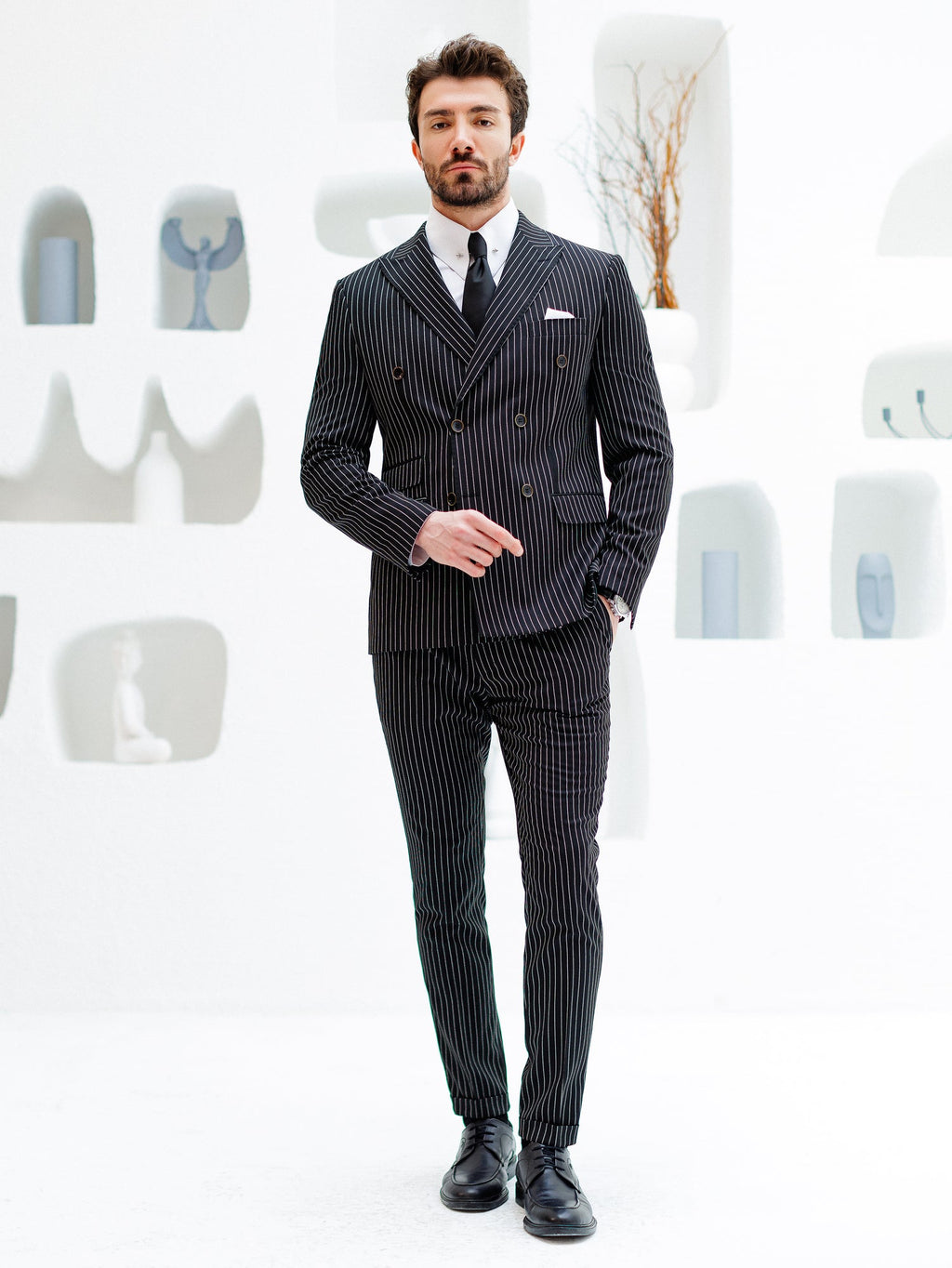 Black Striped Double Breasted Suit 2-Piece
