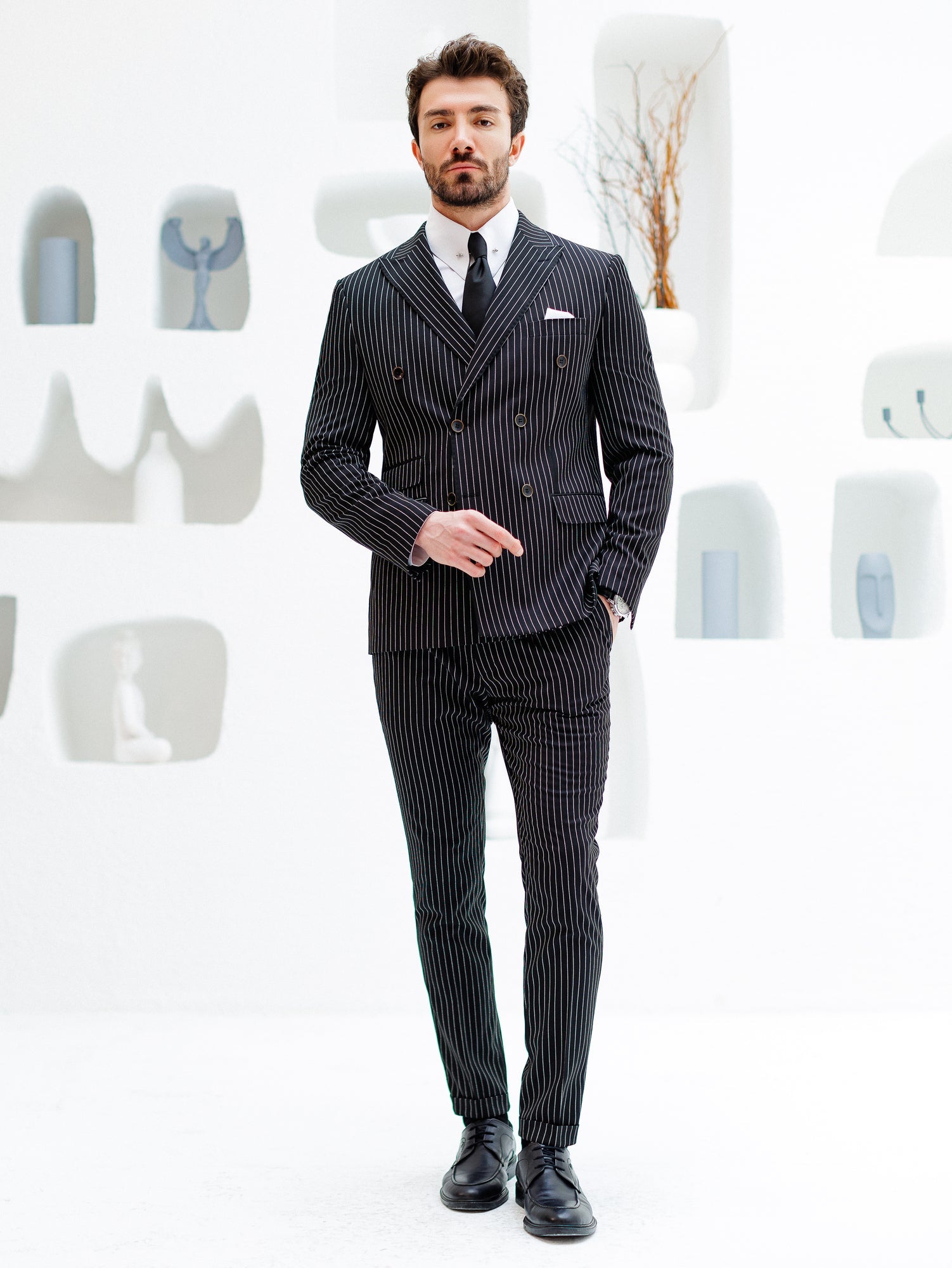 Black Striped Double Breasted Suit 2-Piece