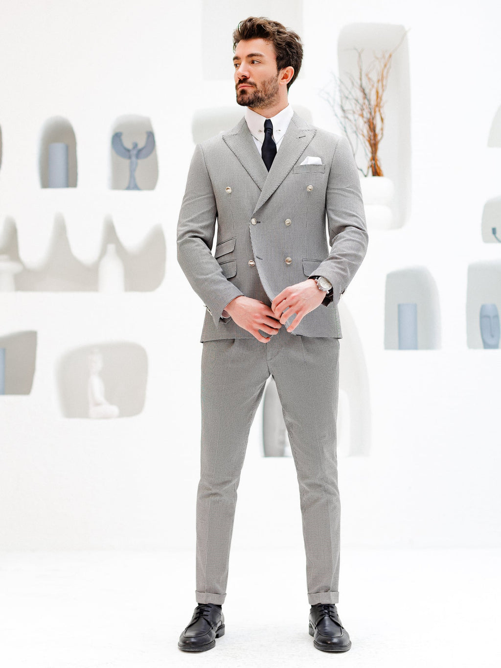 White Houndstooth Double Breasted Suit 2-Piece