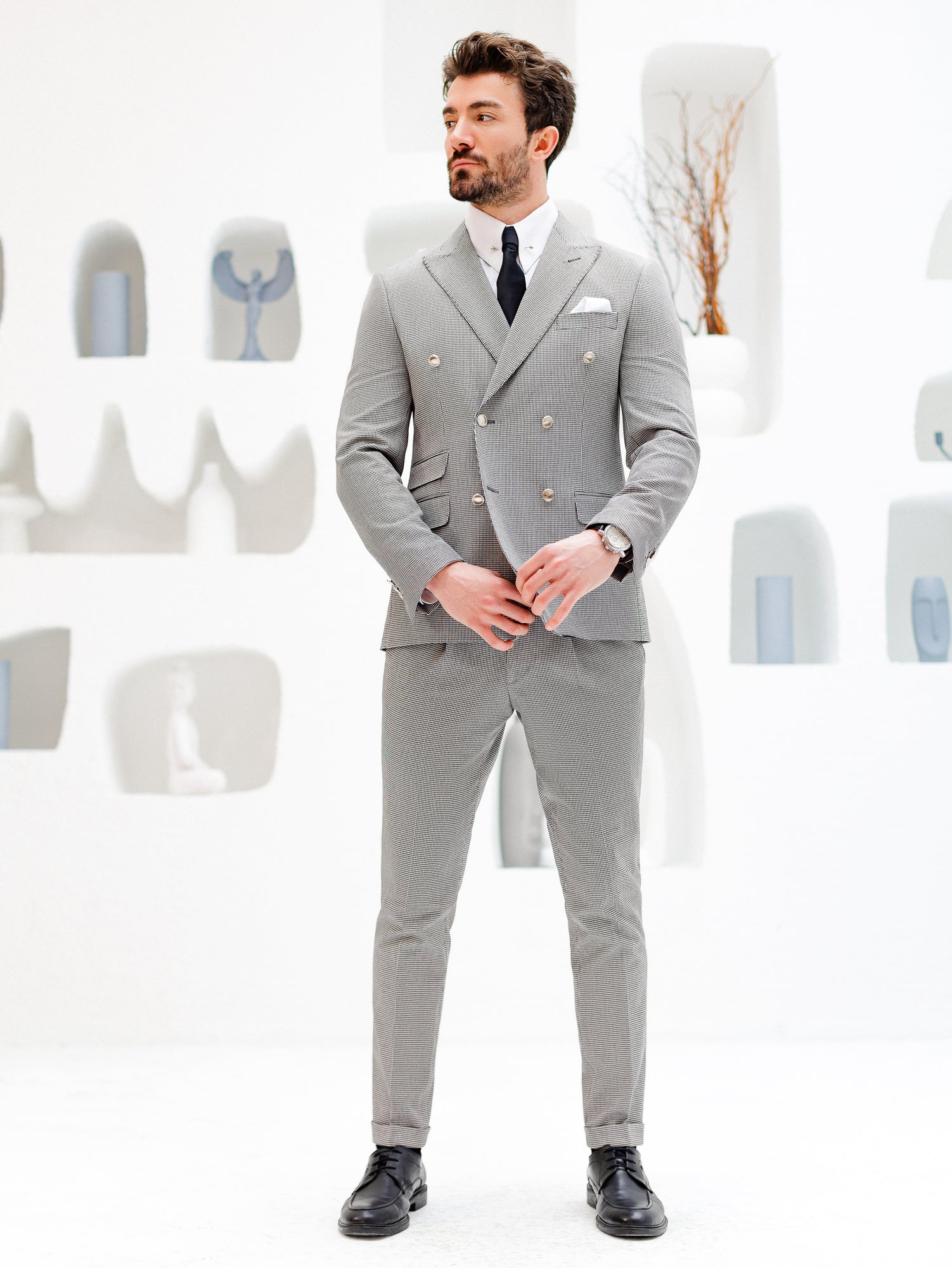 White Houndstooth Double Breasted Suit 2-Piece