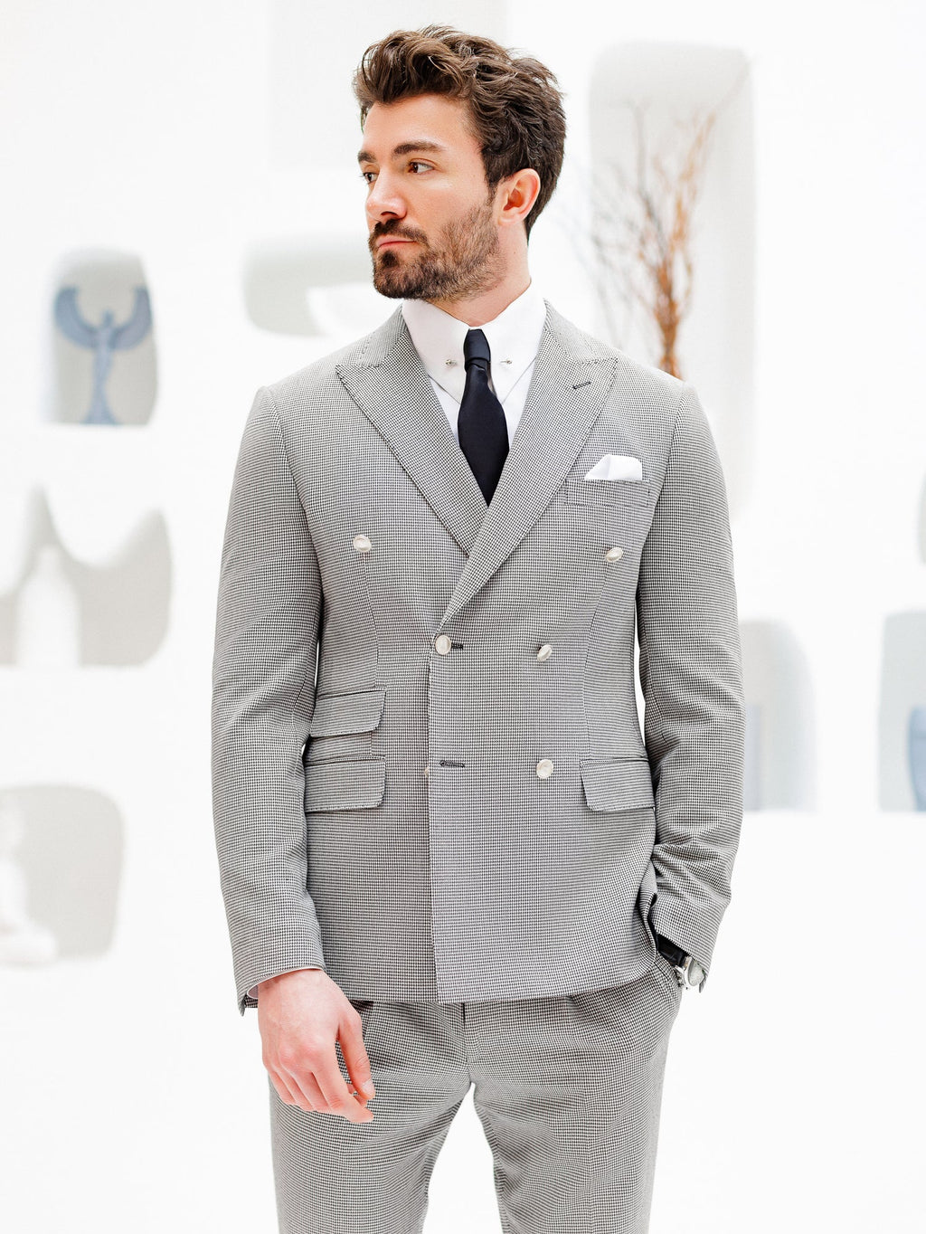 White Houndstooth Double Breasted Suit 2-Piece