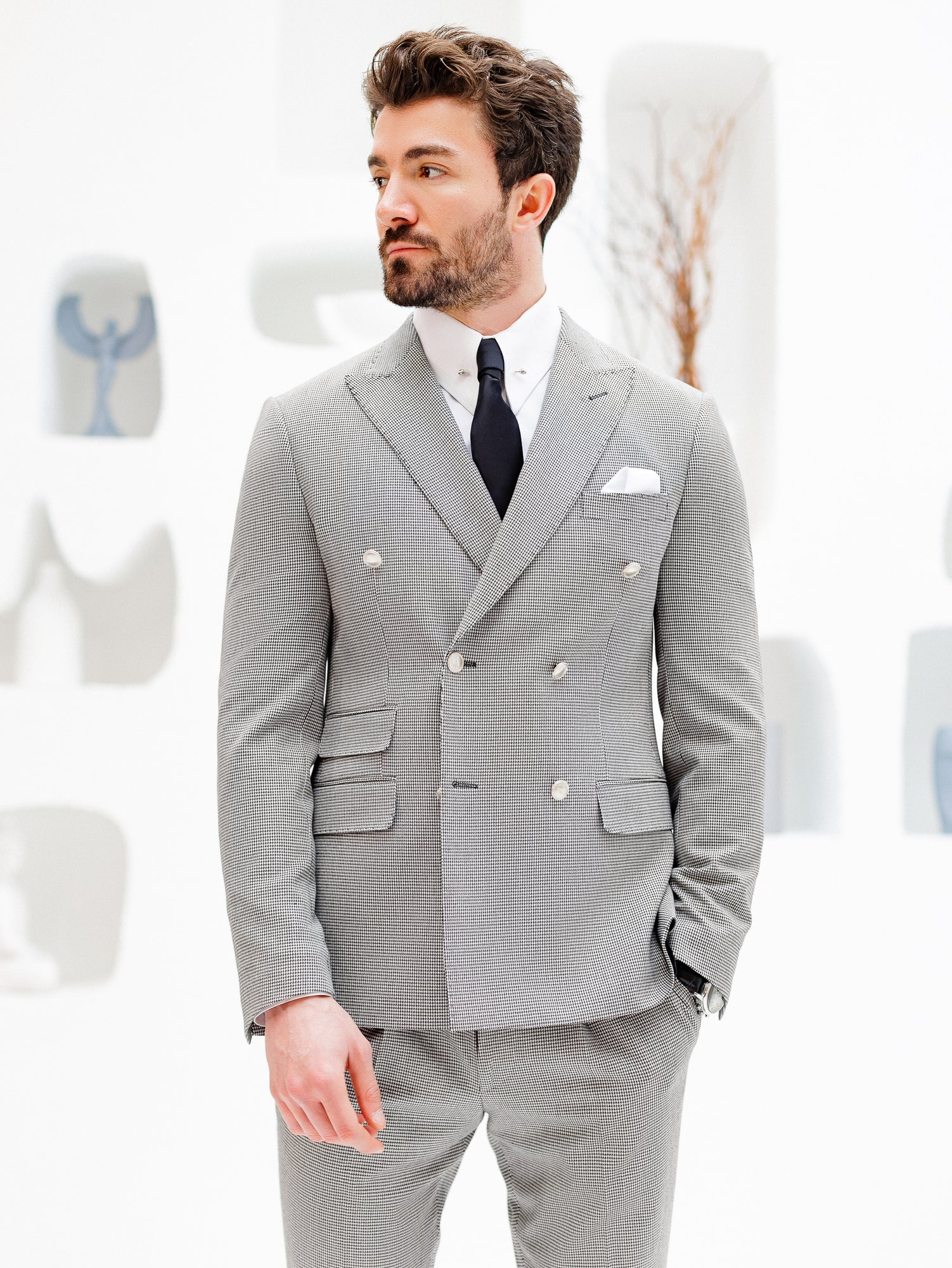 White Houndstooth Double Breasted Suit 2-Piece