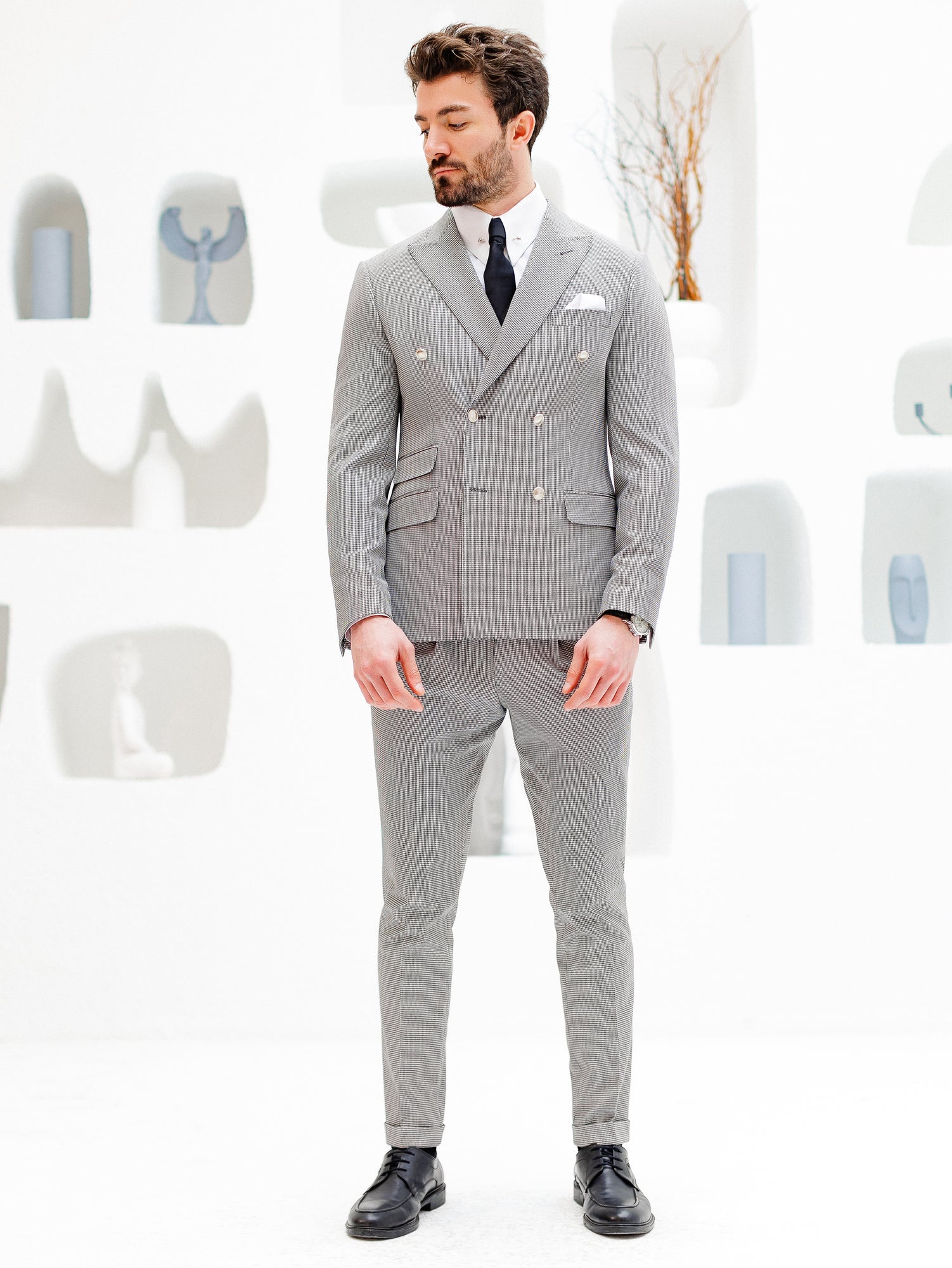 White Houndstooth Double Breasted Suit 2-Piece