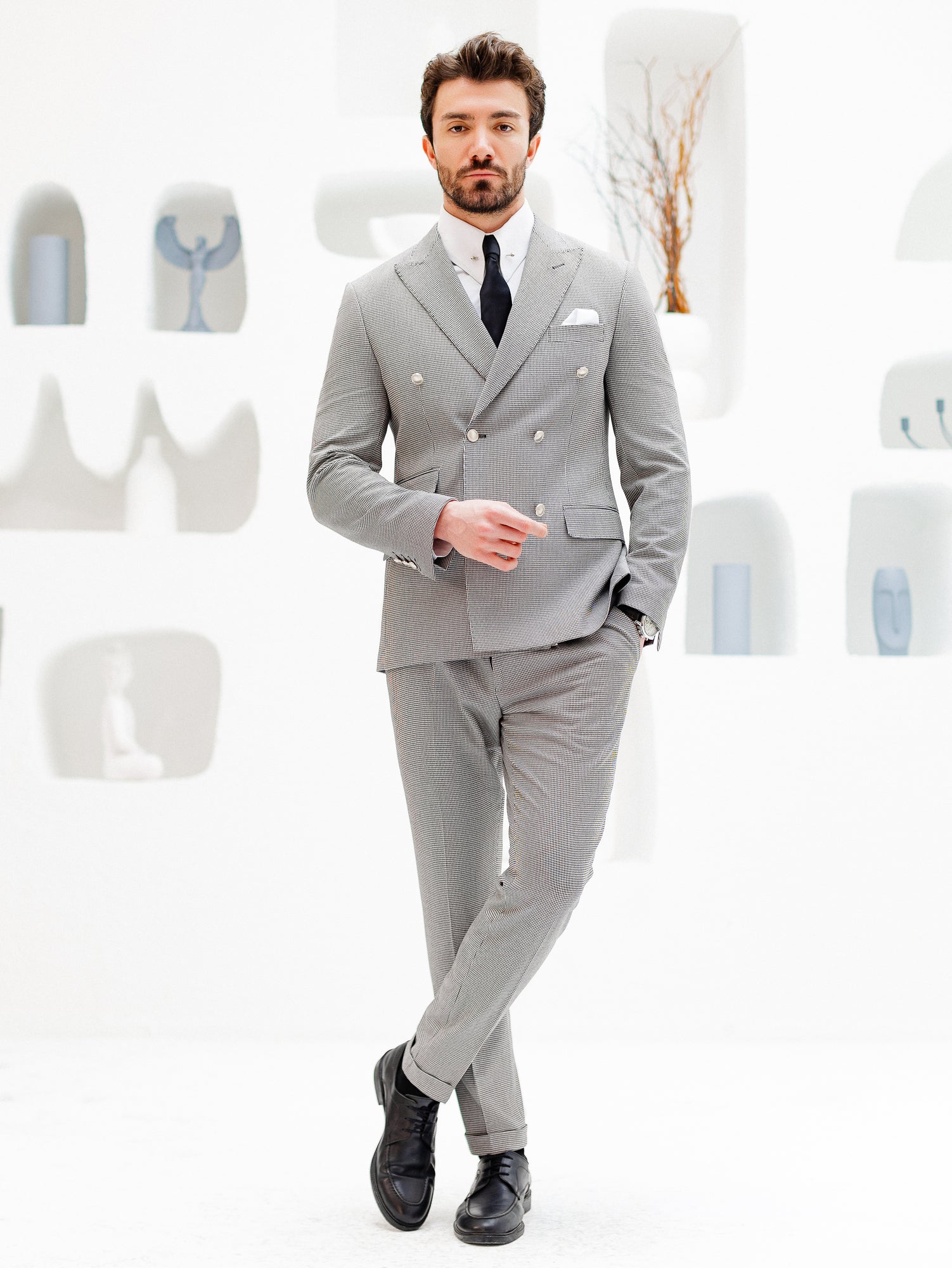 White Houndstooth Double Breasted Suit 2-Piece